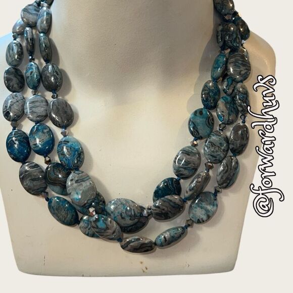 Triple Strand Polished Blue Agate Stone Necklace - Picture 3 of 13